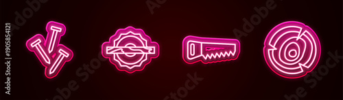 Set line Metallic nails, Electric circular saw, Hand and Wooden logs. Glowing neon icon. Vector