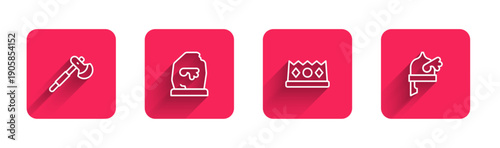 Set line Wooden axe, Magic rune, King crown and Viking horned helmet with long shadow. Red square button. Vector