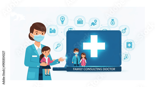 Family Consulting Doctor: An Illustration portraying a doctor providing expert healthcare guidance to a family, symbolizing trust and care, alongside essential medical symbols.