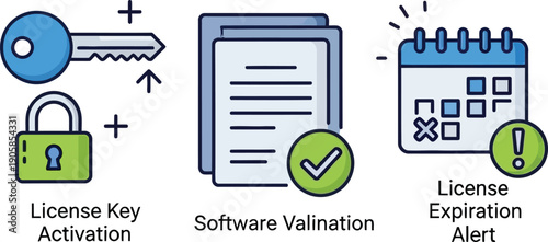 License key activation and software validation icons isolated on transparent background