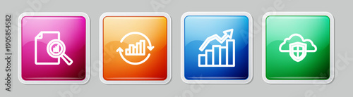 Set line Document with graph chart, Pie infographic, Financial growth and Cloud and shield. Colorful square button. Vector