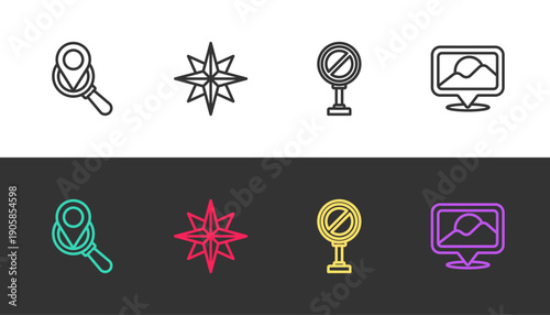 Set line Search location, Wind rose, Stop sign and Location on black and white. Vector