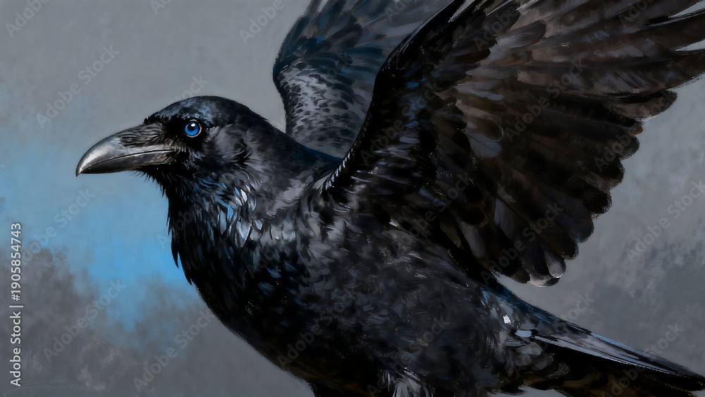 Fototapeta premium A crow with glossy black feathers, a sharp beak, and piercing eyes evokes the mystery and allure of the night.