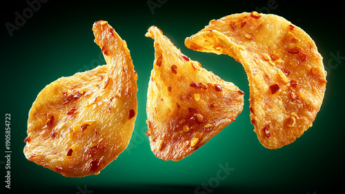 Floating potato chips with chili seasoning representing spicy snack food concept.
