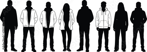 Set of Eight Black Silhouettes of Young Men and Women in Casual Winter Outfits, Hoodies, Jackets, Standing Isolated on White,