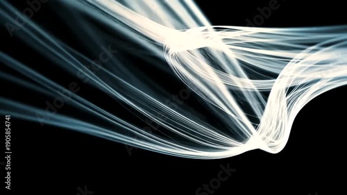 Light streams flowing in a curved pattern against a black background, airy and abstract