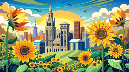 Very beautiful scene of blooming sunflowers in front of Pittsburgh’s Cathedral of Learning, blending vibrant nature with iconic academic architecture to symbolize growth, knowledge, and inspiration.