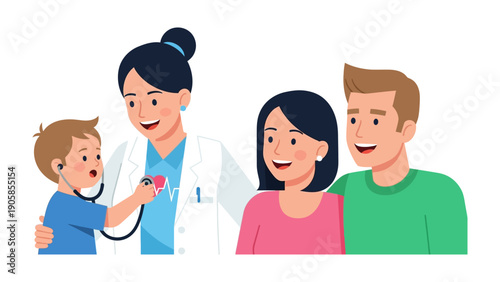 Health Check with Family: A pediatrician cheerfully examines a young child while the supportive parents observe, showcasing a scene of healthcare, family and well-being.
