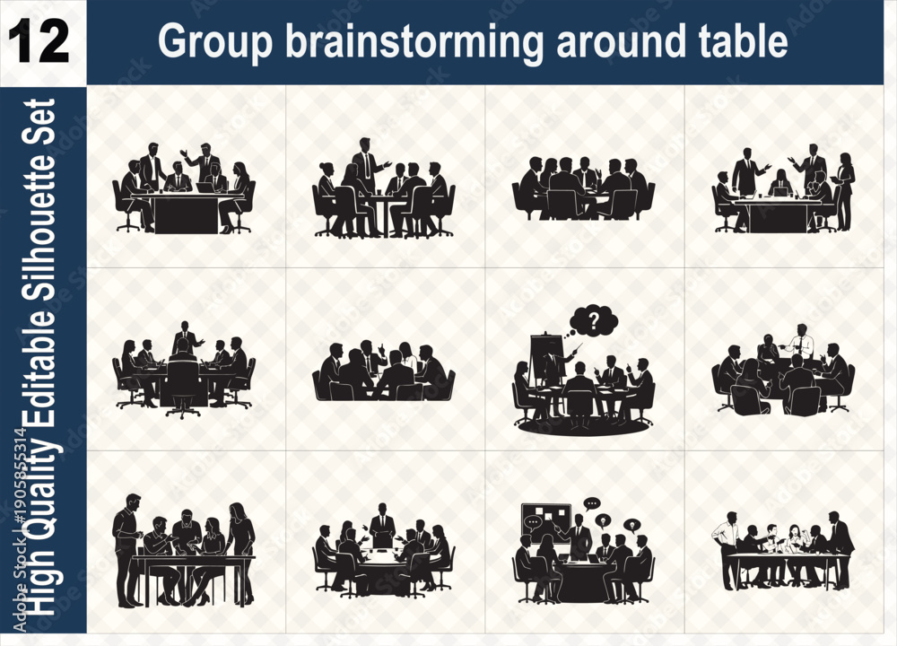 Obraz premium Silhouette set of a group of people brainstorming around a table in a meeting room, symbolizing teamwork, creative ideas, and business collaboration.