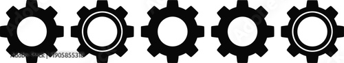 Set of Five Black Silhouette Gear Icons with Different Tooth Designs for System Settings and Technical Mechanical Engineering Concept, Isolated,