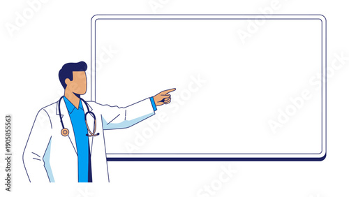 Doctor Presenting: A healthcare professional points towards a blank presentation board, creating a clean, professional space for medical and healthcare information display. 