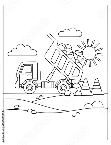 Construction coloring page for kids with a dumper truck and road cones