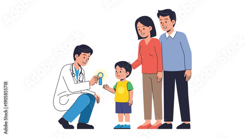 Medical check-up with parent: A doctor interacting with a young child during a check-up, with the child's parents providing support and care. Highlighting the importance of regular health care.