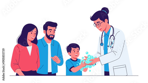 Family's Well-being: A caring doctor guides a young boy in hand hygiene, as his parents watch with concern, showcasing the family's health and wellness focus.
