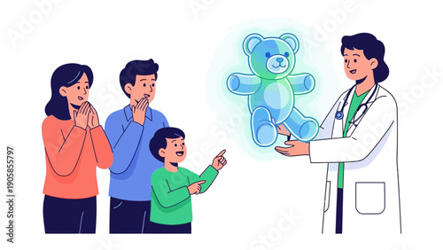The Healing Presence: A compassionate doctor presents a soothing teddy bear to a child accompanied by supportive parents, symbolizing care, comfort, and the restoration of health.