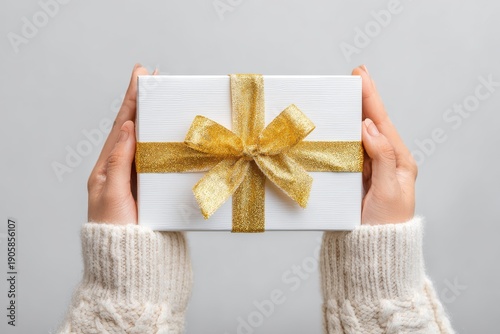 Hands holding a blank white gift box tied with gold ribbon, Eid gift concept