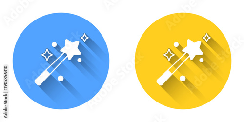 White Magic wand icon isolated with long shadow background. Star shape magic accessory. Magical power. Circle button. Vector