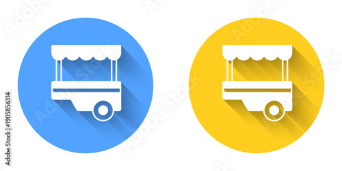 White Fast street food cart with awning icon isolated with long shadow background. Urban kiosk. Circle button. Vector