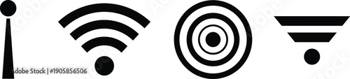 Set of Four Black Signal and Connectivity Icons Including Antenna WiFi Target and Hotspot Symbols Isolated on White Background, Vector,