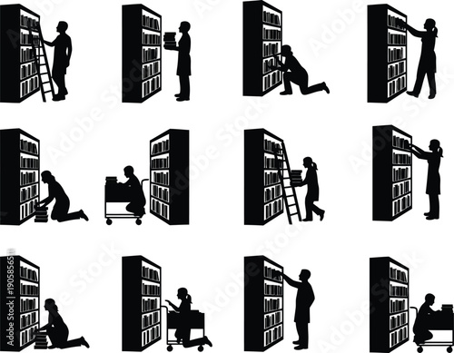 Professional Librarian and Bookstore Worker Silhouette Icons for Library Services Set