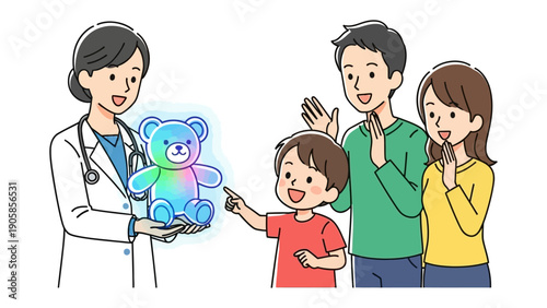 Joyful Introduction: A doctor presents a glowing teddy bear to a child, with the parents looking on in delight, creating a warm and comforting scene.