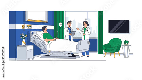Hospital Patient and Medical Staff: A patient lies in a hospital bed, attended to by caring doctor and a nurse, creating a sense of reassurance and medical care. 