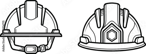 Outline drawing of industrial protective helmets for construction and engineering work on transparent ground