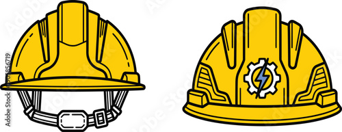 Industrial construction hard hat vector illustrations with yellow color and electrical safety symbol on front