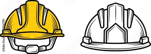 Construction safety helmet icons in yellow and outline styles including front view and profile for site work