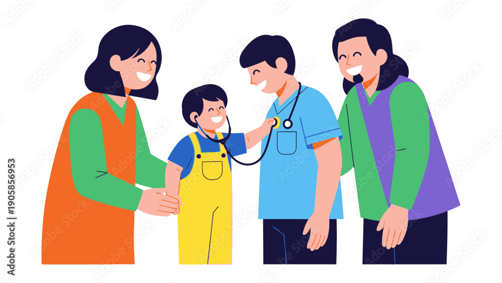 Obraz premium Medical Visit: A cheerful young patient, his doctor, and loving family create a comforting environment of empathy, care, and health. 