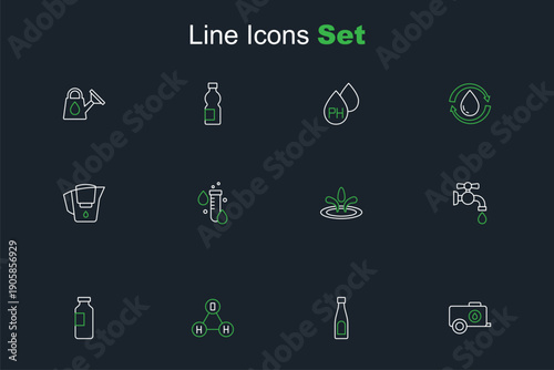 Set line Mobile water tank, Bottle of, Chemical formula H2O, Water tap, drop, Test tube with and jug filter icon. Vector