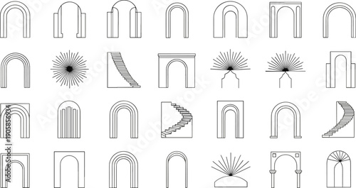 Black and white architectural archway and staircase line archways staircases line architectural details