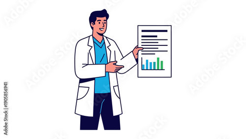 Data Presentation by Expert: An expert in lab coat confidently presents data, highlighting key findings from a detailed document, indicating a thorough analysis.