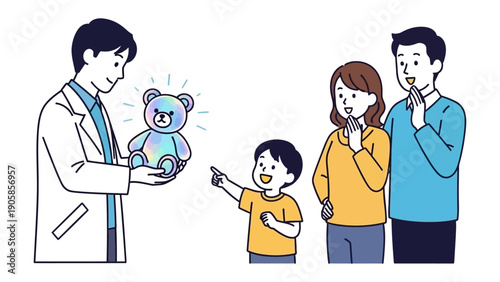 Dream Gift: An illustrative scene capturing the magic of a toy gift. A smiling professional in a lab coat hands a vibrant, shimmering bear toy to a delighted young boy.