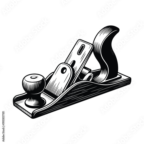 Vintage wood hand plane illustration in a detailed engraving style