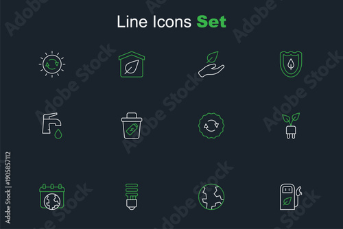 Set line Petrol or gas station, Earth globe, LED light bulb, World day, Electric saving plug in leaf, Recycle symbol, Trash can and Water tap icon. Vector