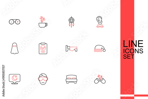 Set line Sleeping pill, Big bed, Eye sleep mask, Moon and stars, hat, Bed, Medical prescription and Ghost icon. Vector