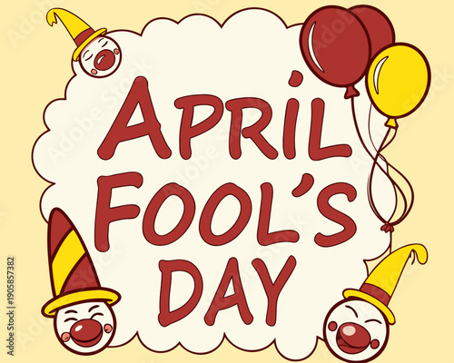 April Fools Day celebration with clowns and balloons on yellow background