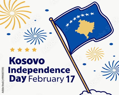 Kosovo Independence Day celebration with flag and fireworks on white background