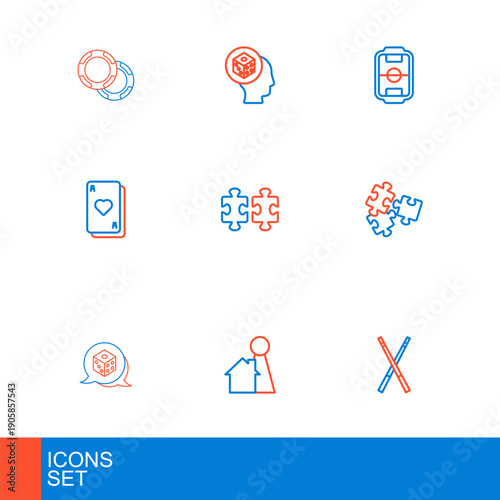 Set line Crossed billiard cues, Chip for board game, Game dice, Puzzle pieces toy, Playing cards, Table football and icon. Vector