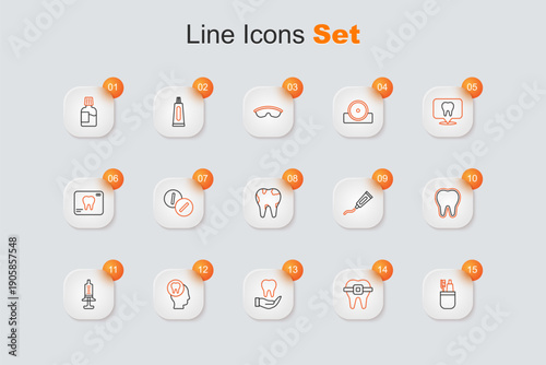 Set line Toothbrush and toothpaste, Teeth with braces, Toothache, Syringe, Tube of and Broken icon. Vector