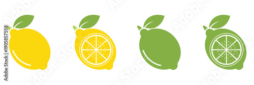 Lemon slice set, Lemon fruit icon, Vector lemon half cut logo, Yellow Lemon slice, vector illustration