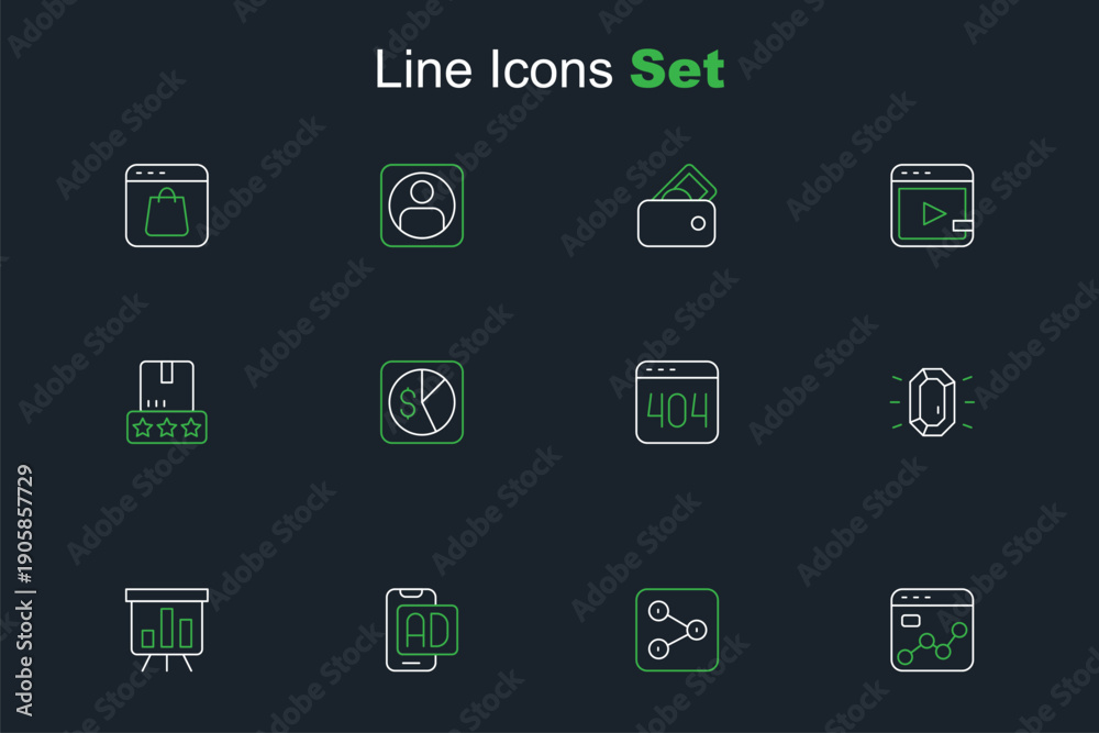 Fototapeta premium Set line Market analysis, Share, Advertising, Board with graph chart, Diamond, Page 404 error, and Consumer product rating icon. Vector