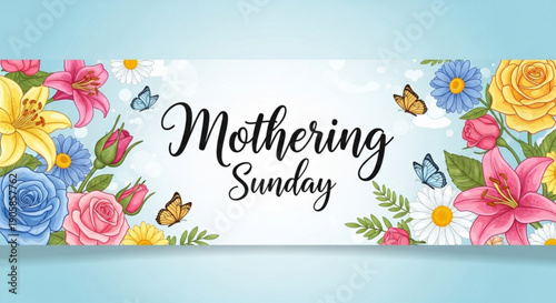 Colorful mothering sunday banner with flowers and butterflies on blue background