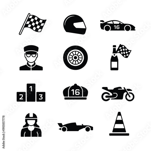 Racing icons set flags helmets cars and track elements displayed