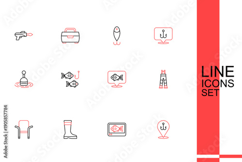 Set line Fishing hook, finder echo sounder, boots, Camping folding chair, Fisherman pants, Location fishing, with and float water icon. Vector