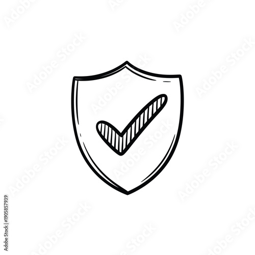 A hand drawn shield with a checkmark inside symbolizing security