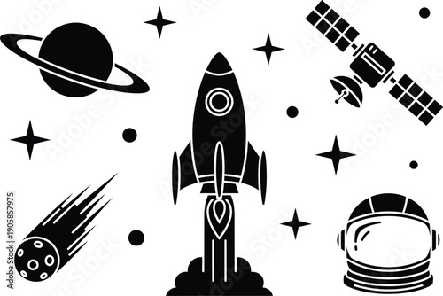 Rocket planet satellite comet helmet star space vector no gradients cosmic adventure icons