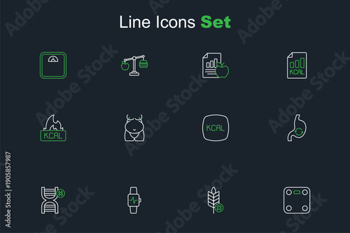 Set line Bathroom scales, Gluten free grain, Smart watch with heart, No GMO, Human stomach health, Kcal, Obesity and icon. Vector