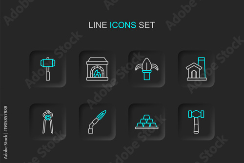 Set line Hammer, Gold bars, Welding torch, Blacksmith pliers tool, Smithy workshop interior, Classic iron fence, oven and Sledgehammer icon. Vector